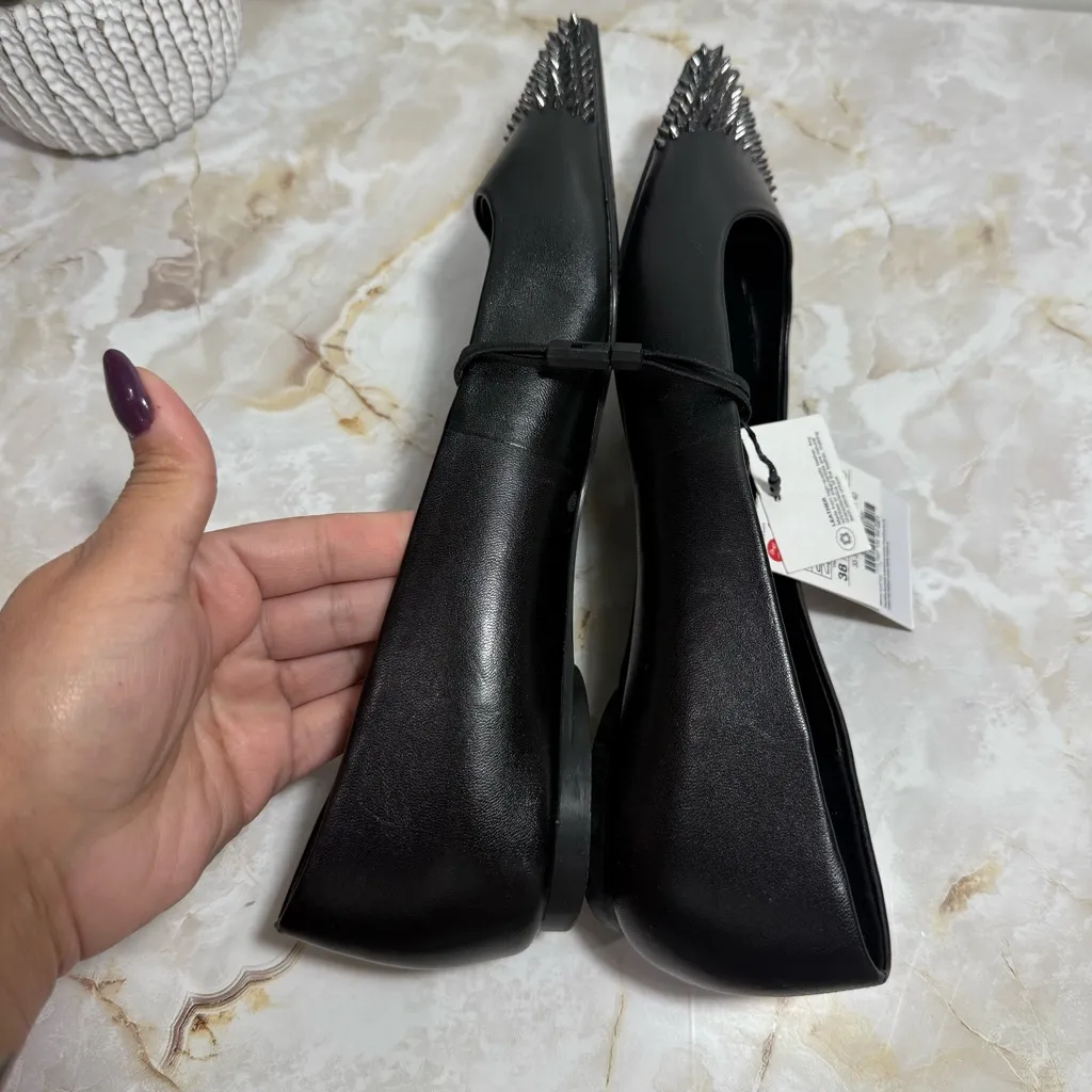 NWT Zara Black Pointed Toe‎ Leather Flats With Spikes 1507 Size 7 1/2 (38) - Image 6