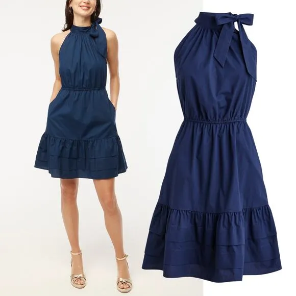 NEW J. Crew Poplin Halter-neck Mini Dress Navy Dress Size 6 Preppy Dainty Twee - Image 2