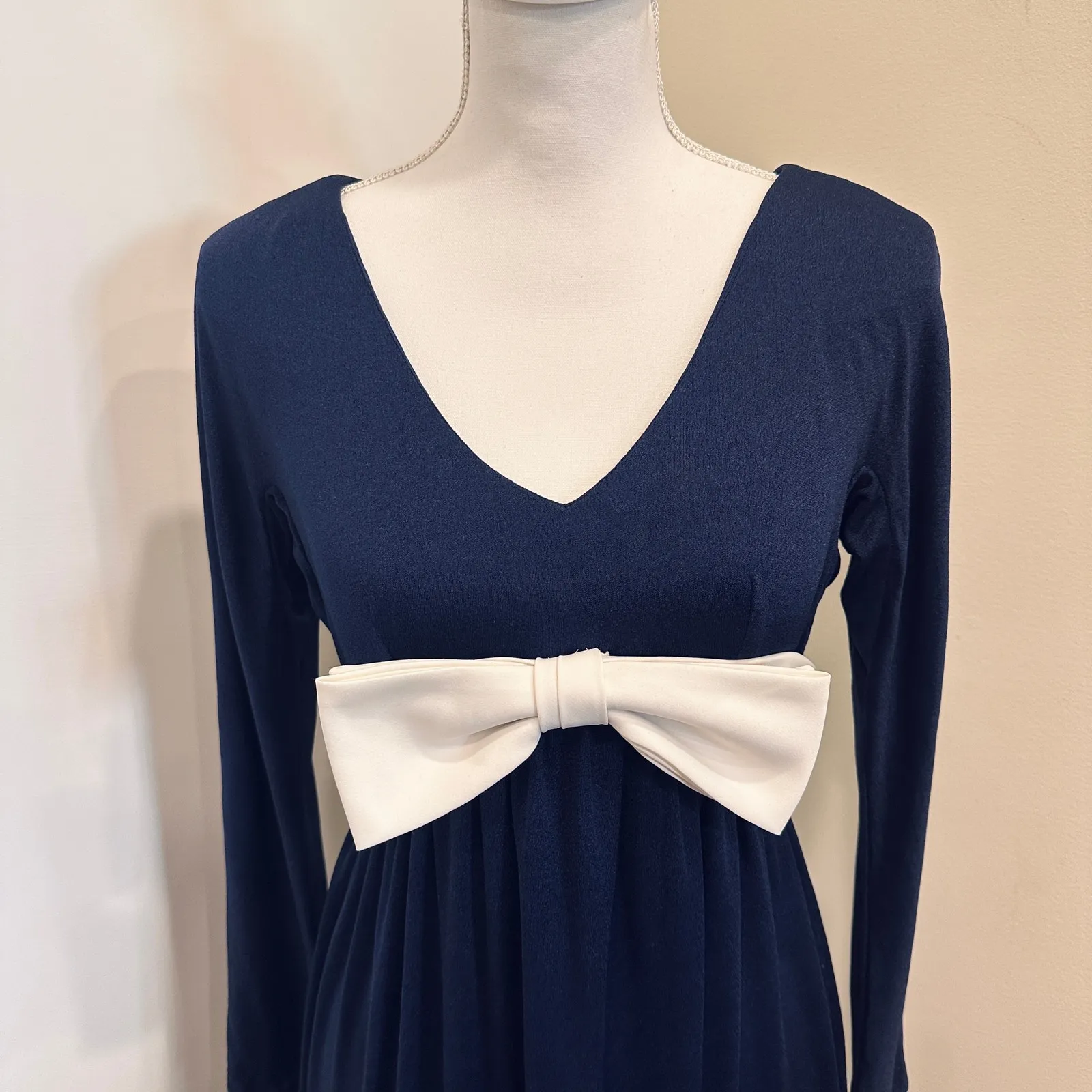 VTG 70s Blue Bucolic Maxi Dress Bow Accent Boho Hippie Victorian Edwardian XS - Image 5