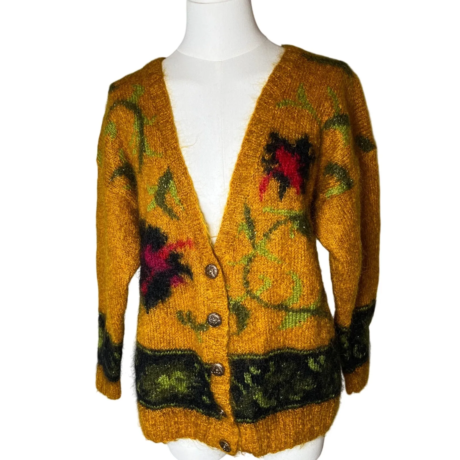 Vintage 80s Studio by Michelle Stuart Mohair Wool Floral Cardigan‎ M Yellow Size undefined - Image 3