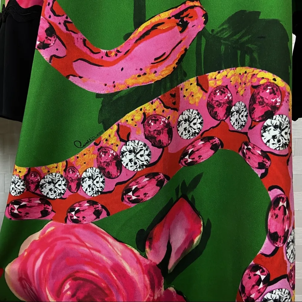 Cavalli Class Green And Pink Snake Jewel Floral Print Mid Sleeve Dress Size 12 - Image 5