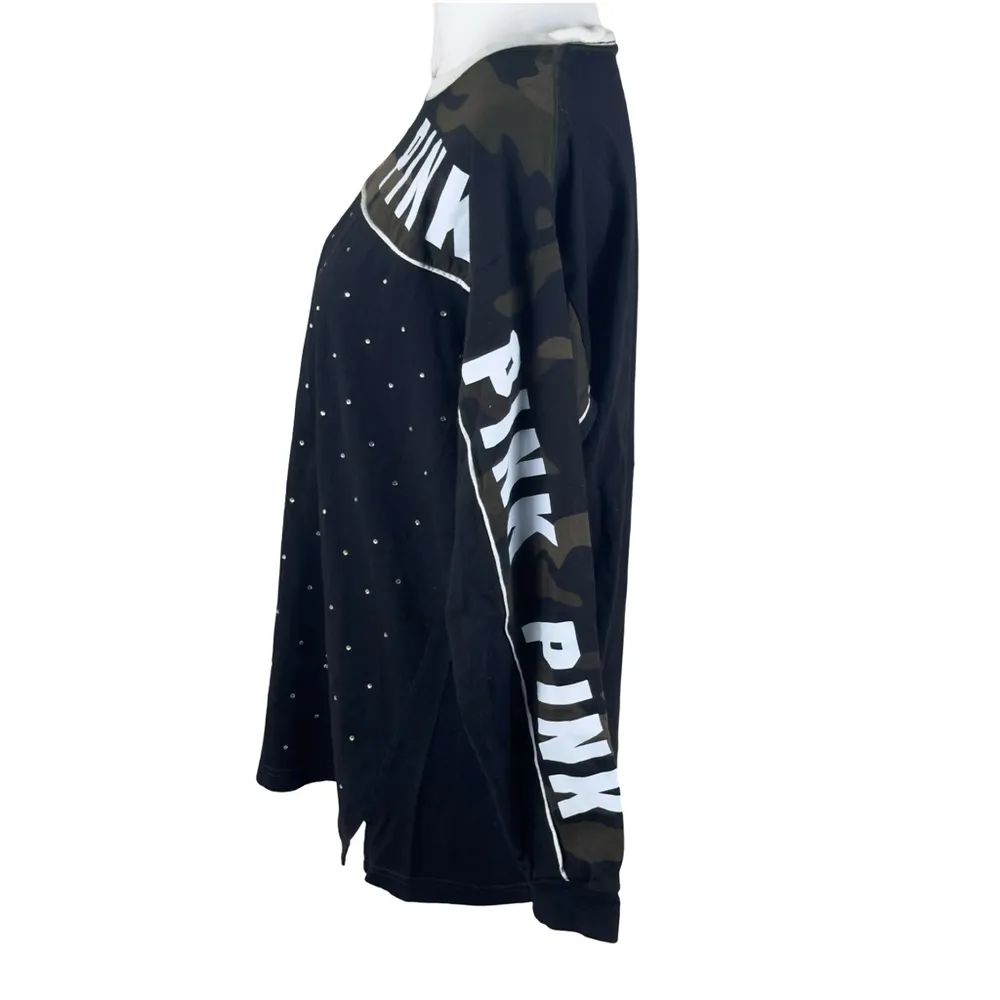 PINK Victoria's Secret BLiNG Black Camo Rhinestone Long Sleeve Tee Shirt Medium - Image 8