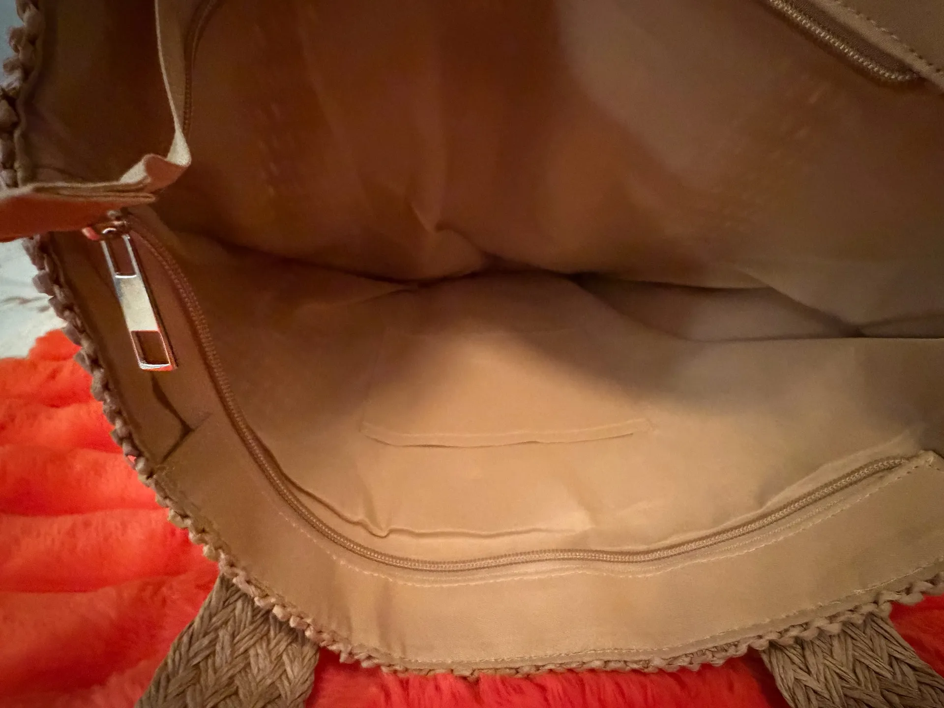 Unique and very cute tan woven Tote Bag with playful pink bear charm included. - Image 5