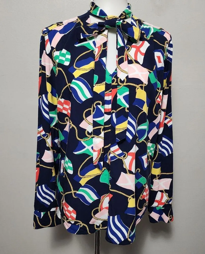 Crown & Ivy Navy Nautical Flag Print Tie Neck Long Sleeve Blouse Size Large - Image 2
