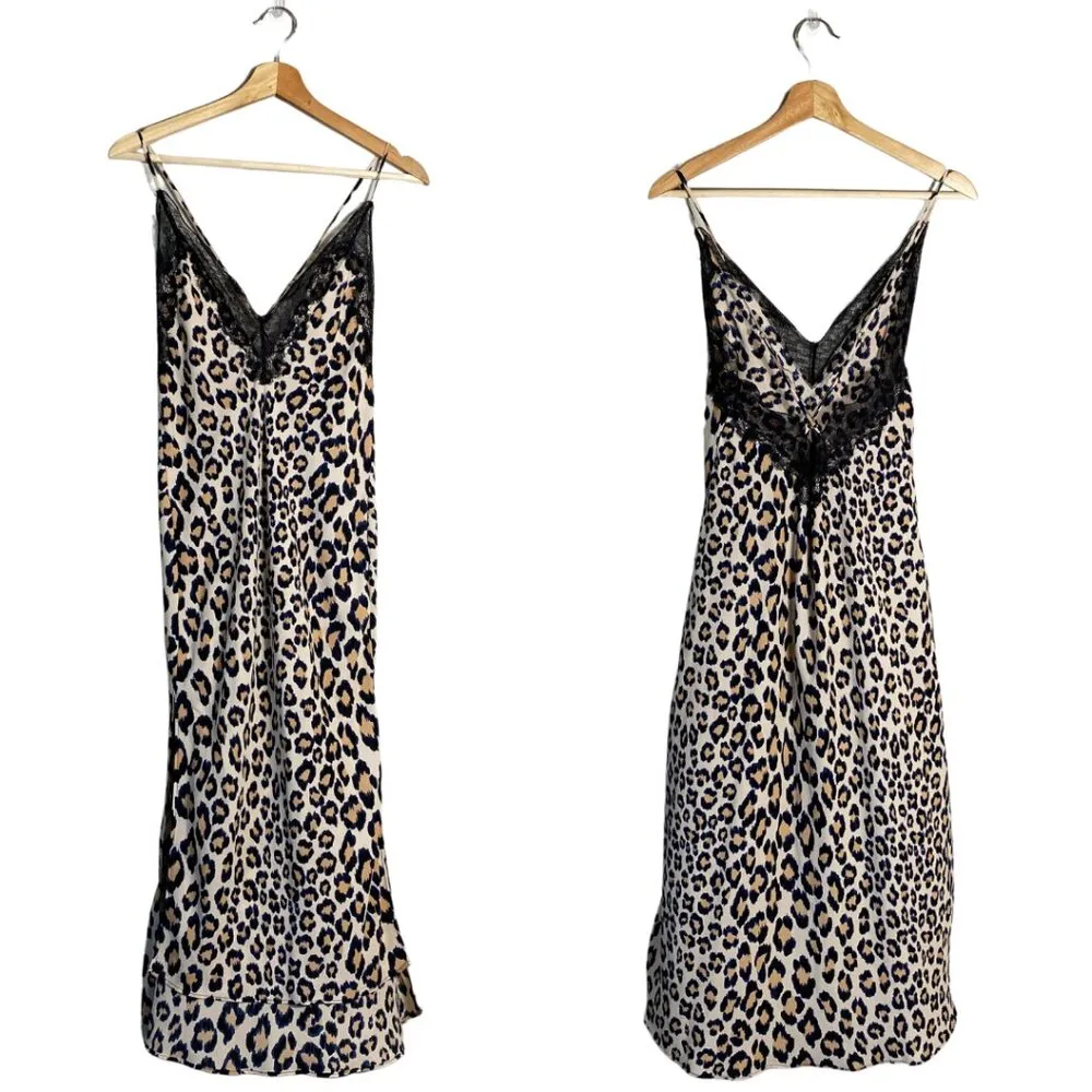 Victoria's Secret Lace Trim V-Neck Leopard Print Slip Dress Women's Medium Ivory - Image 4