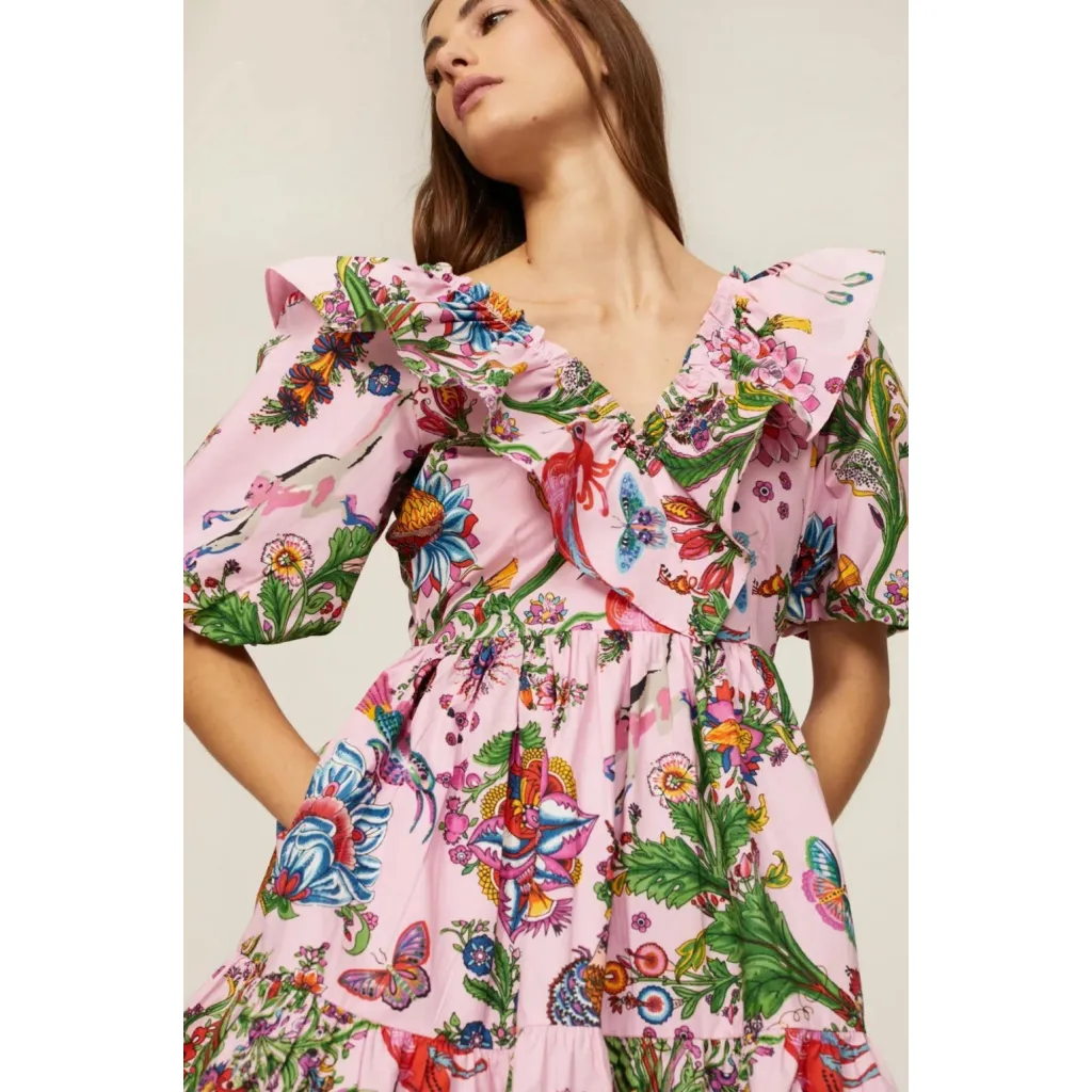 Banjanan Scorpio Dress Tree Of Life Pink Multi Mini Ruffle Tiered LG Poplin EUC - Image 7