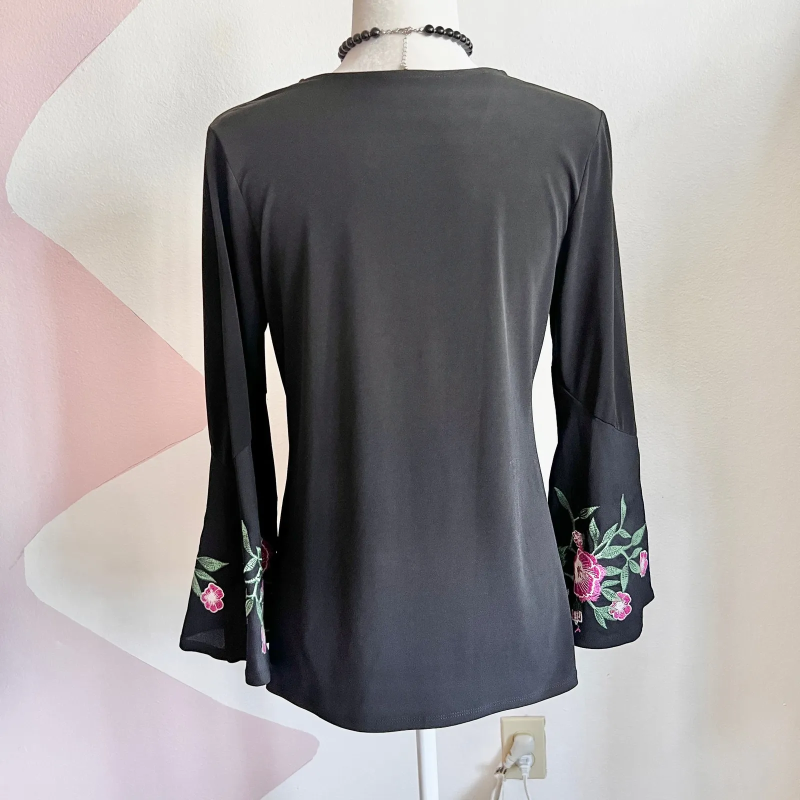 Black Floral Embroidered Bell Sleeve Top, Cottagecore Fairycore Y2K Witchy Large - Image 3