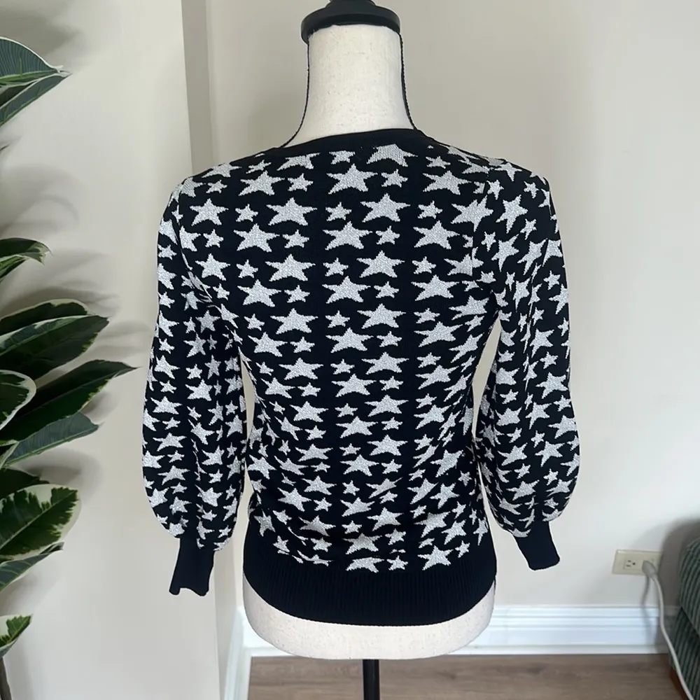 Parker Beven Black Metallic Silver Star Print Balloon Slv Sweater XS - Image 6
