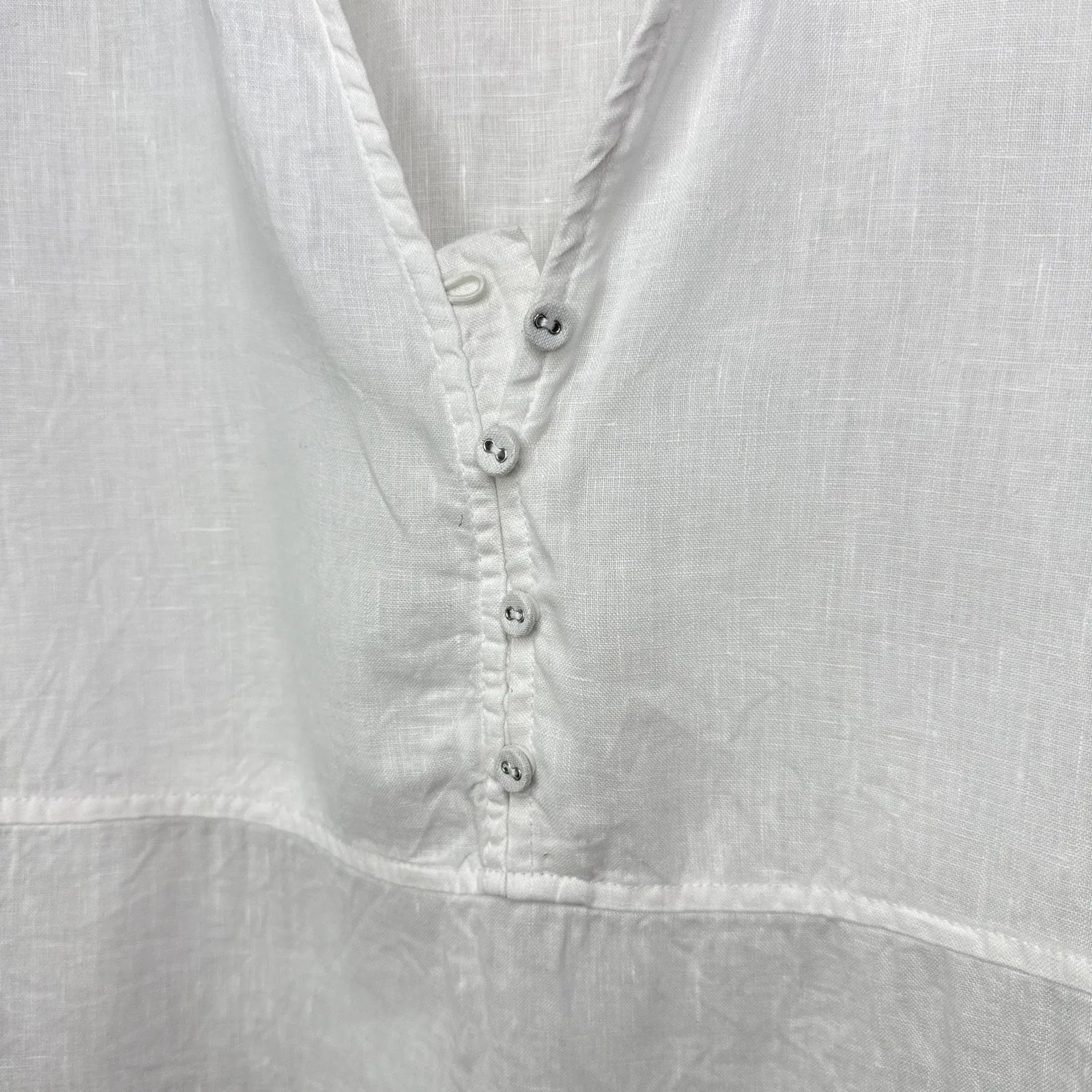 Sigrid Olsen 100% Linen White Roll-Tab Sleeve Collared V-Neck Tunic Top Small - Image 2