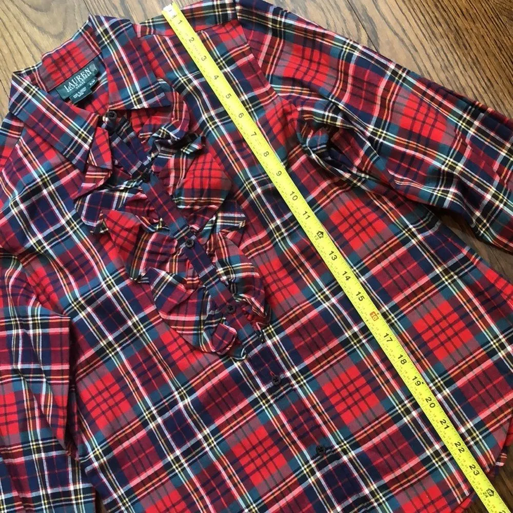 RALPH LAUREN Women’s Red Plaid Frill Button Down Blouse With Button Cuffs SZ P/M - Image 4