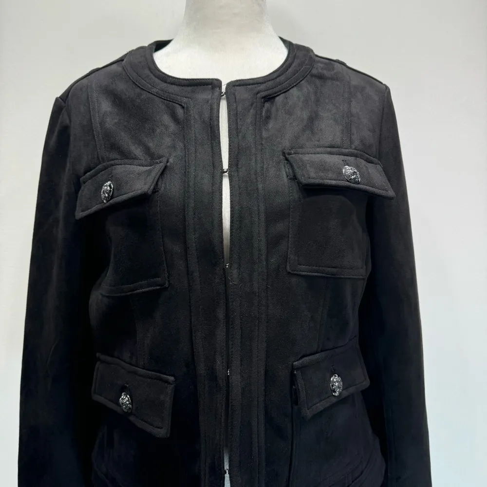 Black Faux Suede Military Style Jacket with Pockets Carmen Marc Valvo Size Small - Image 8