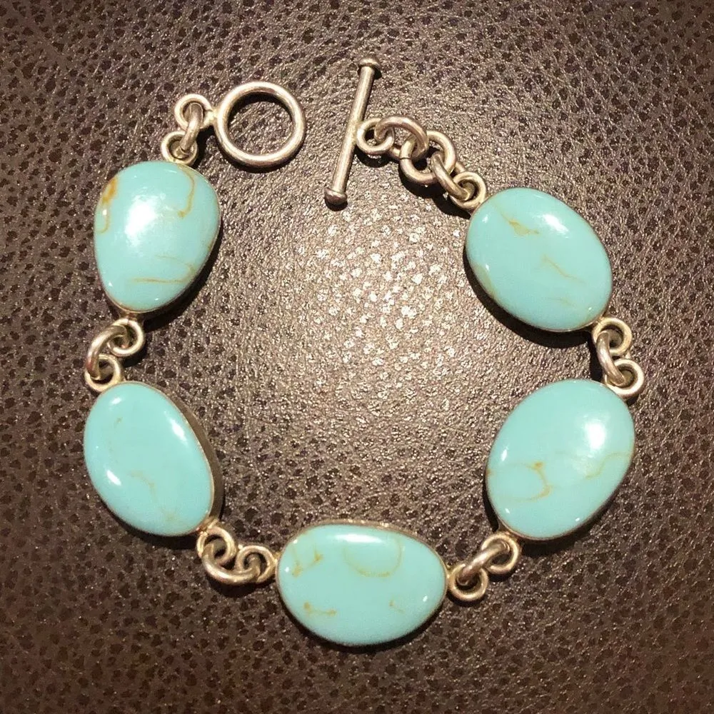 SOUTHWESTERN Mexico Sterling Silver Turquoise Cabochon Linked Bracelet - Image 6