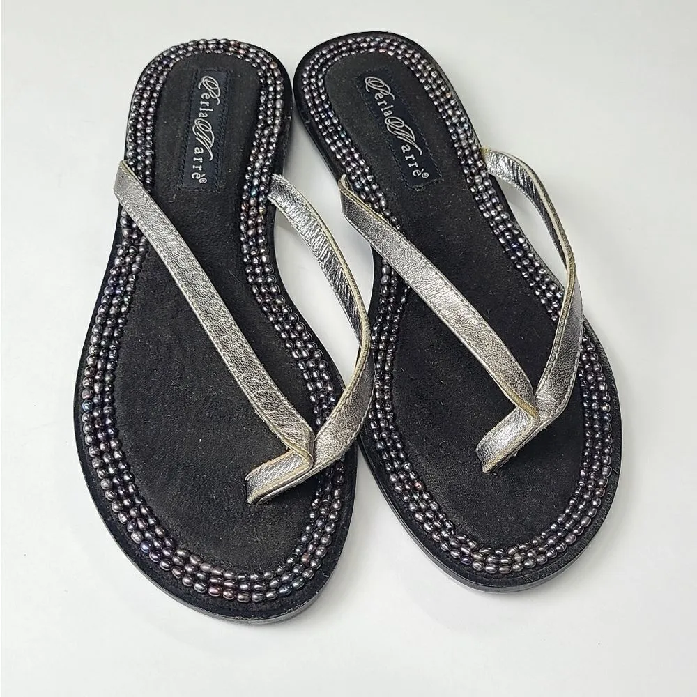 Perla Marre Beaded Black Flip Flops Size 8 Silver - Image 3