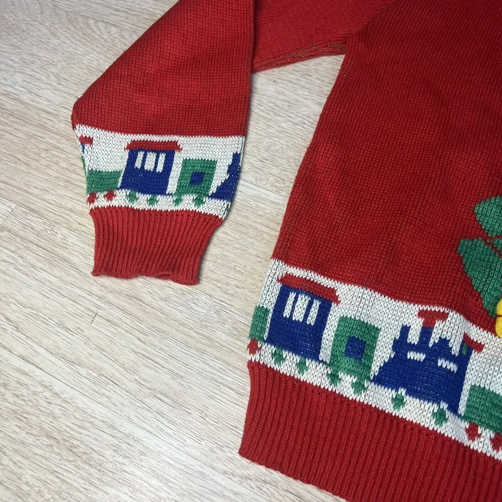 Vintage Christmas Holiday Touchy Subjects Sweater Santa Tree 3D Knit Train Bow Red Size M - Image 4