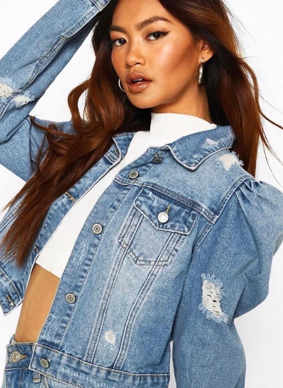 Boohoo 🦋Puff Shoulder Cropped Denim Jacket🦋 - Image 6