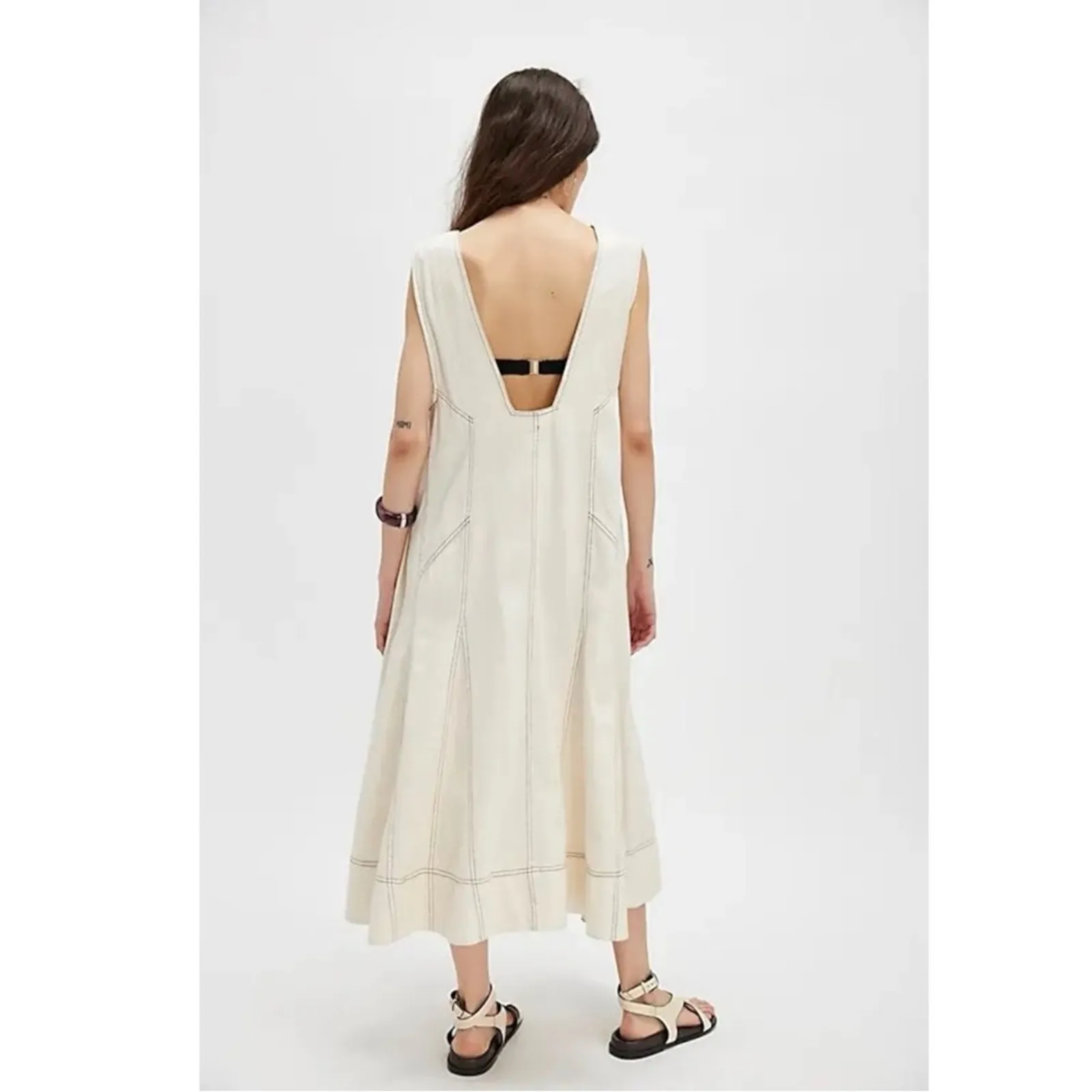 Free People Santino Denim Jean Zip Front Midi Dress in Ecru Size XL Minimalist - Image 7