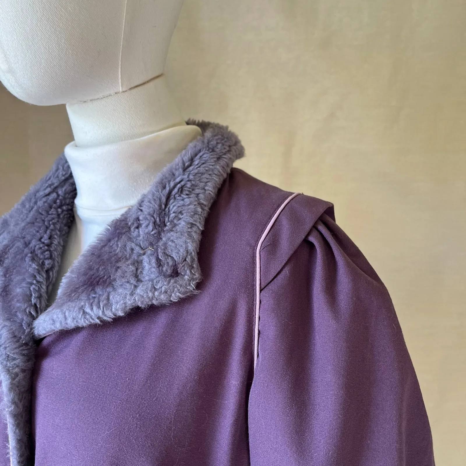 Vintage 70s Purple Faux Fur Trim Maxi Coat Quilted Lining‎ Longline Jacket M Size M - Image 8