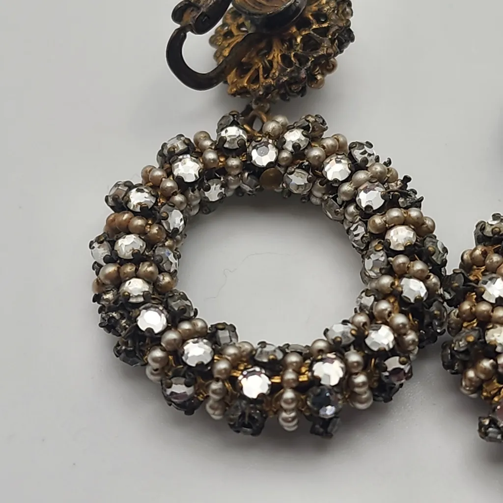 Vintage Miriam Haskell Dangling Faux Pearl & Rhinestones Hoop Clip - Image 8