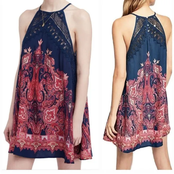 Free People Shea Printed Slip Mini Dress Crochet Blue Pink Intimately - Image 2