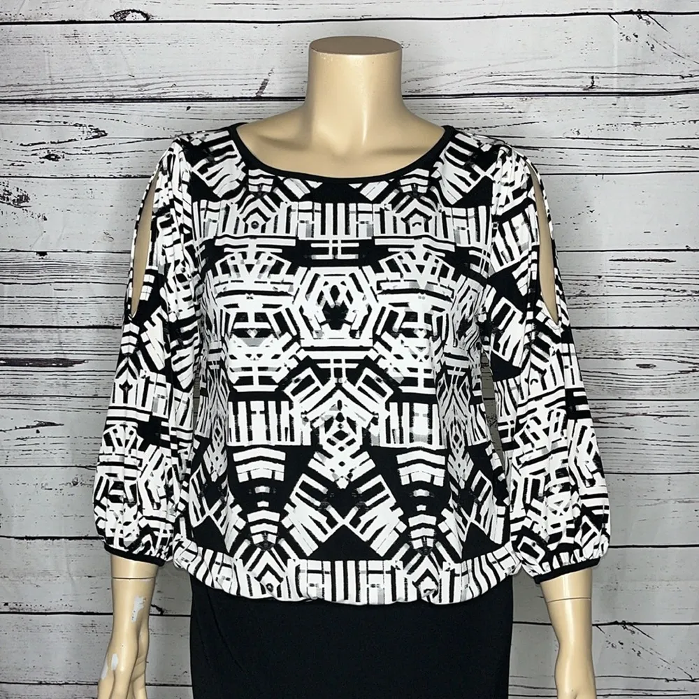 Nicole Miller NWT Size XL Black & White Printed Cut-Out Sleeve Blouson Dress - Image 2