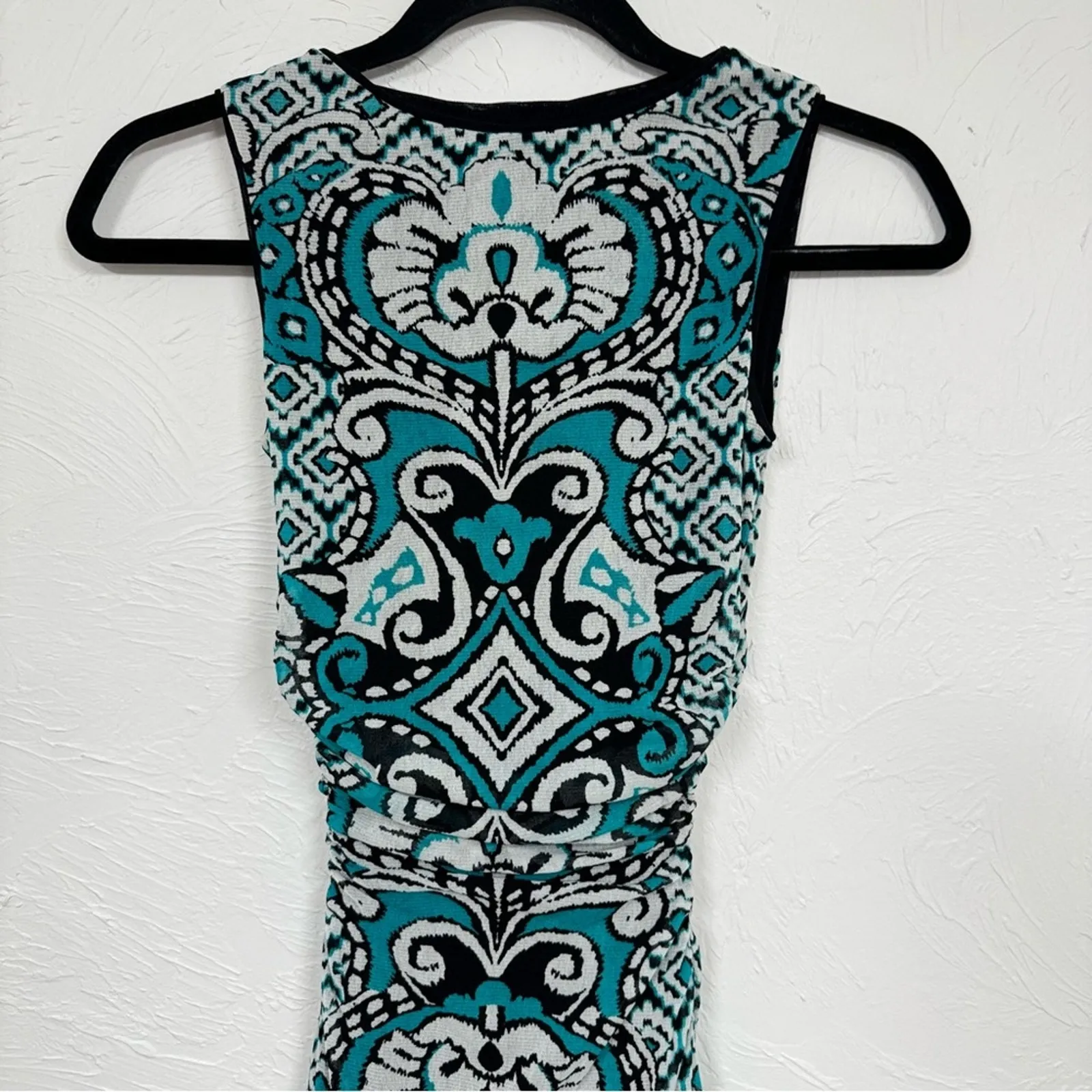 Kay Unger Printed Ruched Mini Bodycon Dress XS Teal Black & White Y2K Baddie - Image 7