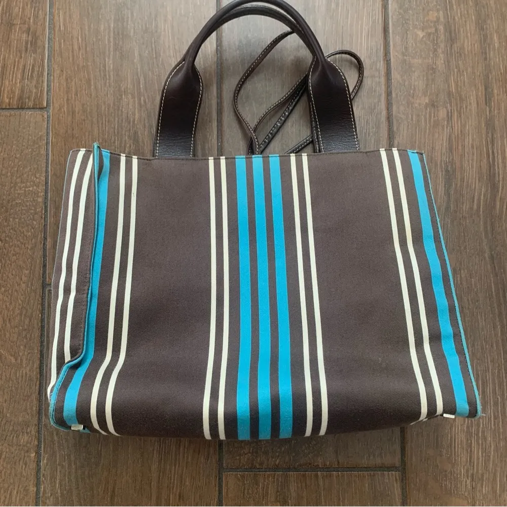 Kate Spade Blue & Brown Vertical Striped Canvas Satchel - Image 2