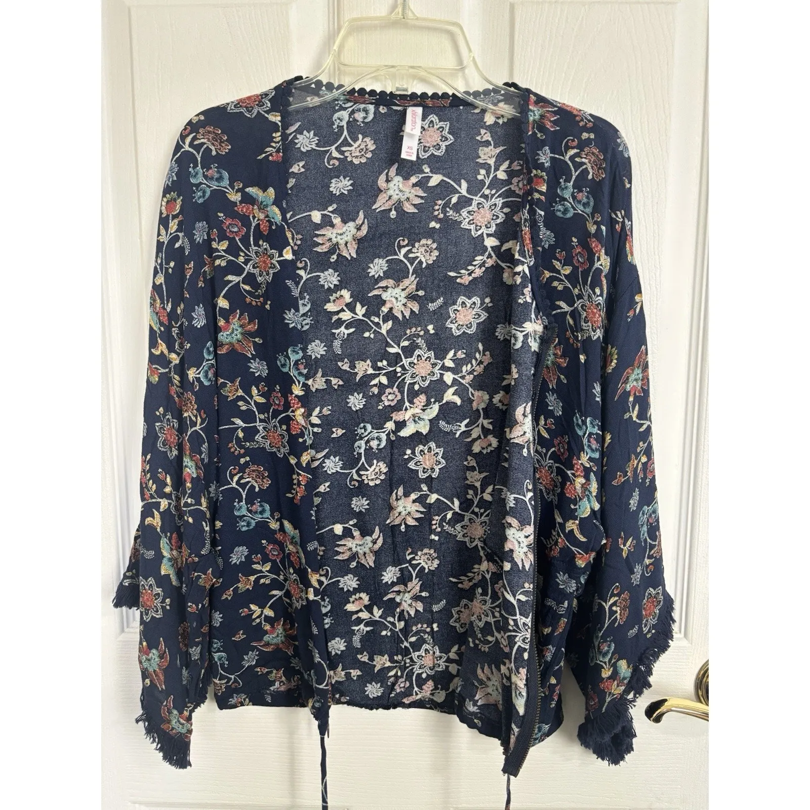 Sheer Floral Fringe Full Zip Top Size XS Tassels Boho Western Cowgirl Hippie - Image 4