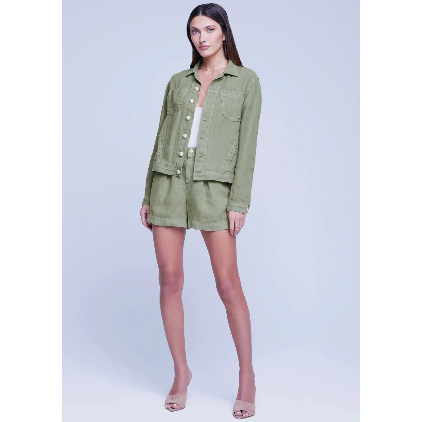 L'Agence  Celine Olive Green Linen Jacket - Image 3
