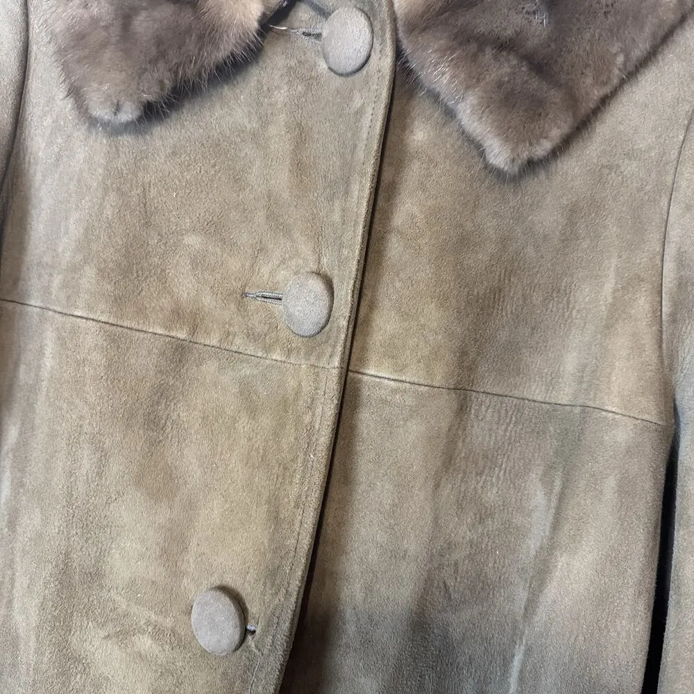 VTG 60s Annshire Brown Suede Coat Fur collar USA ILGWU Women's Sz M Old Money Size M - Image 5