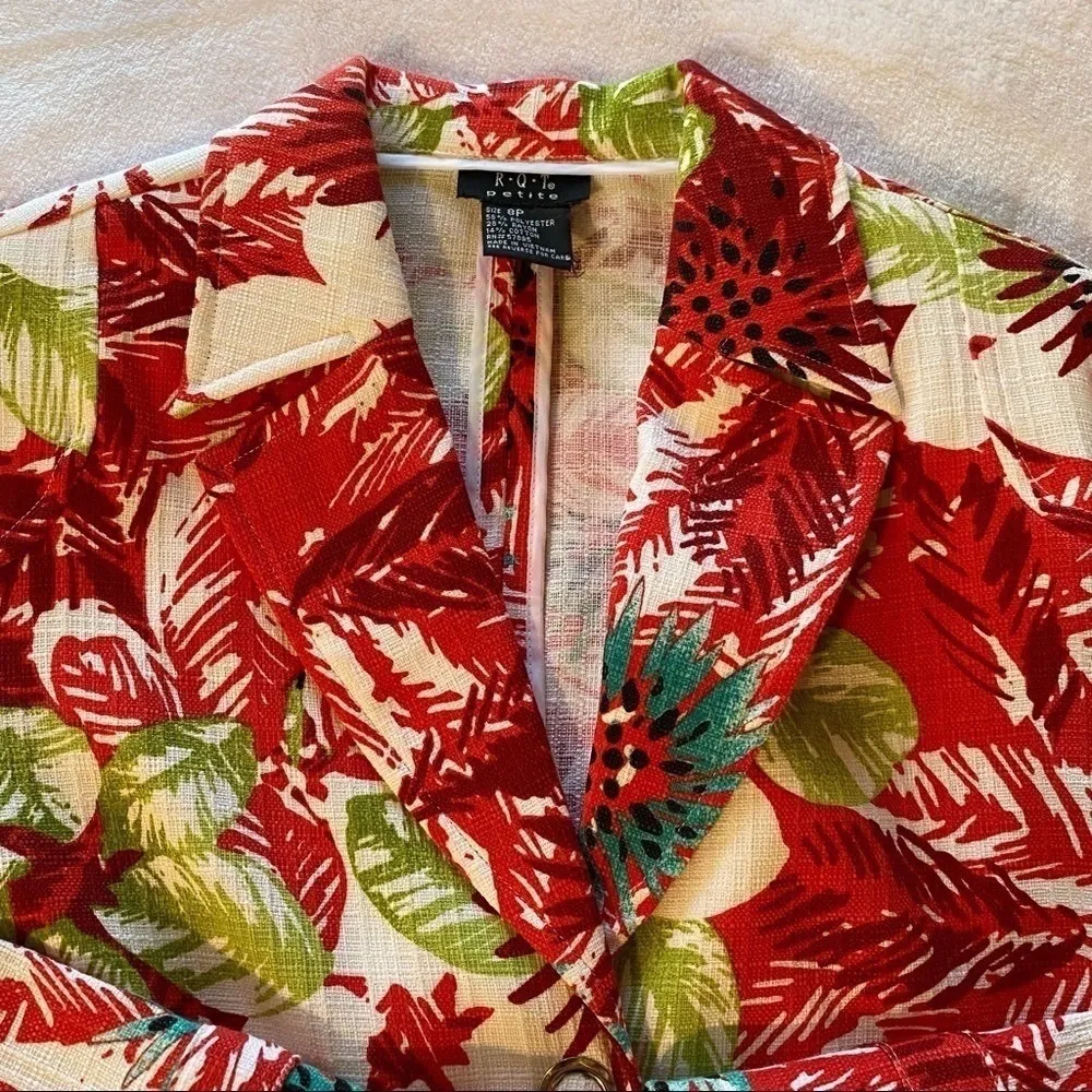 Vintage RQT Petite Cropped Floral Tropical Blazer Jacket Size 8P White - Image 6