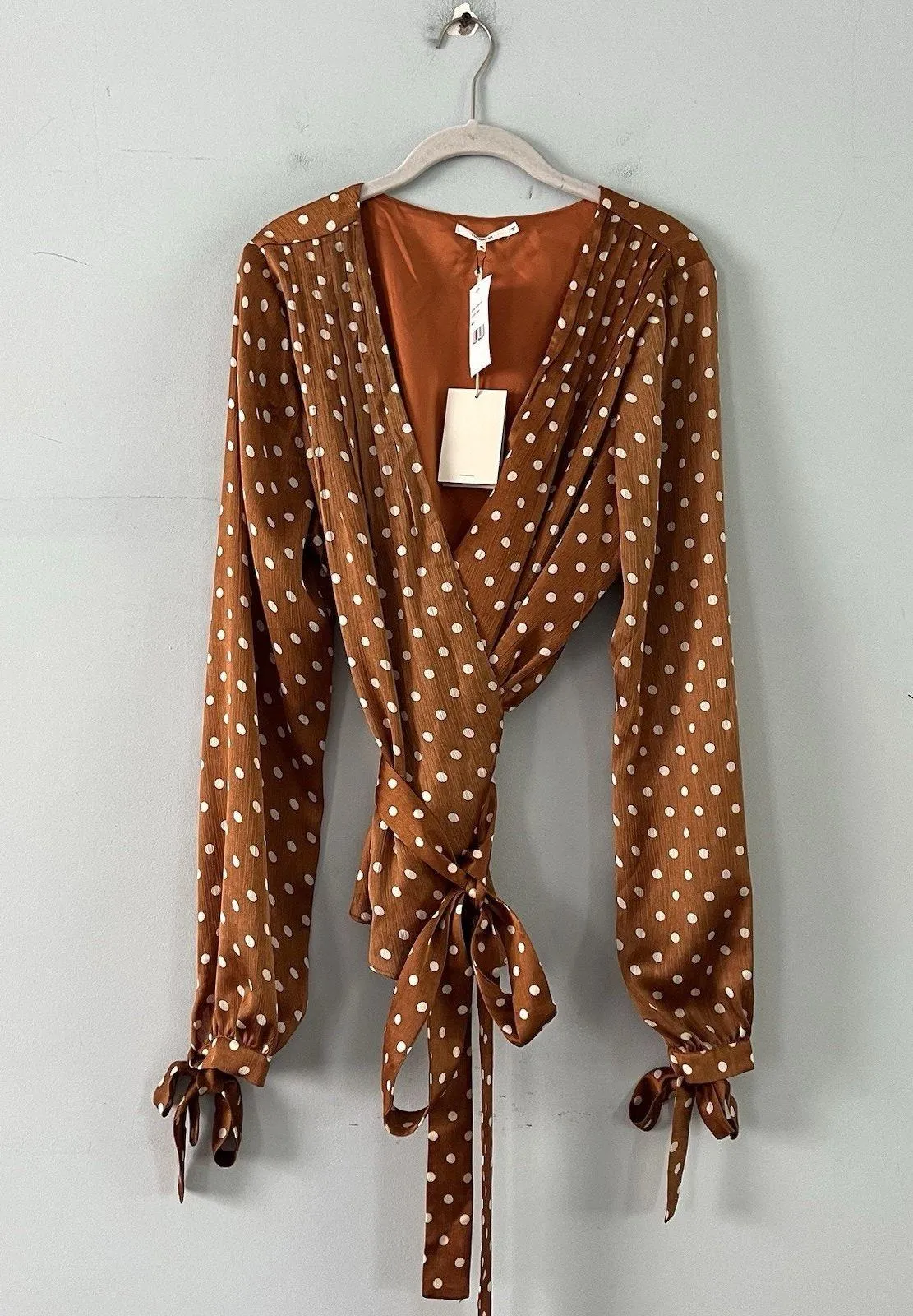 NWT Tularosa Charmaine Camel Polka Dot Satin Wrap Top Long Sleeve - Image 3