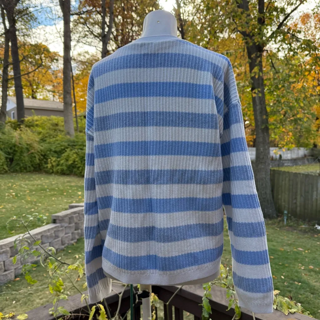 Talbots Sweater Cardigan - Raglan Sleeves Size L Large Baby Blue White Stripe - Image 3