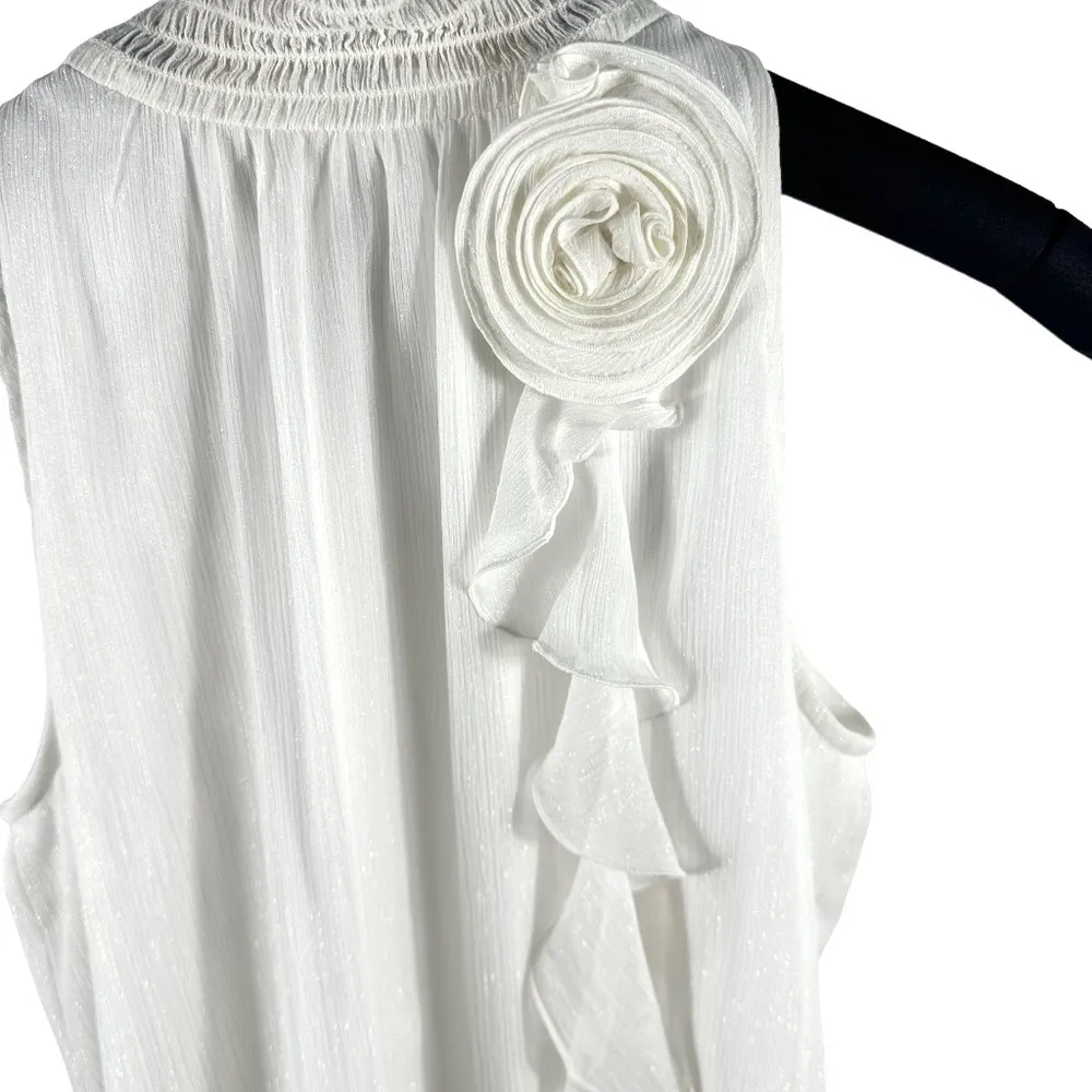 | I.N. San Francisco | White Shimmer Smocked Neck Sleeveless Floral Detail Top - Image 4