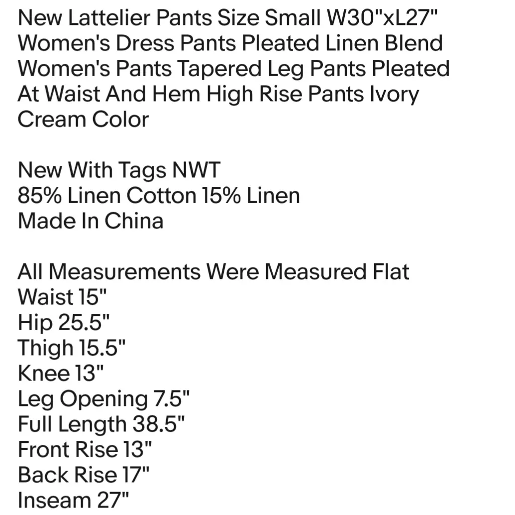 New Lattelier Pants Size Small W30"xL27" Women's Dress Pants Pleated Linen Blend - Image 2