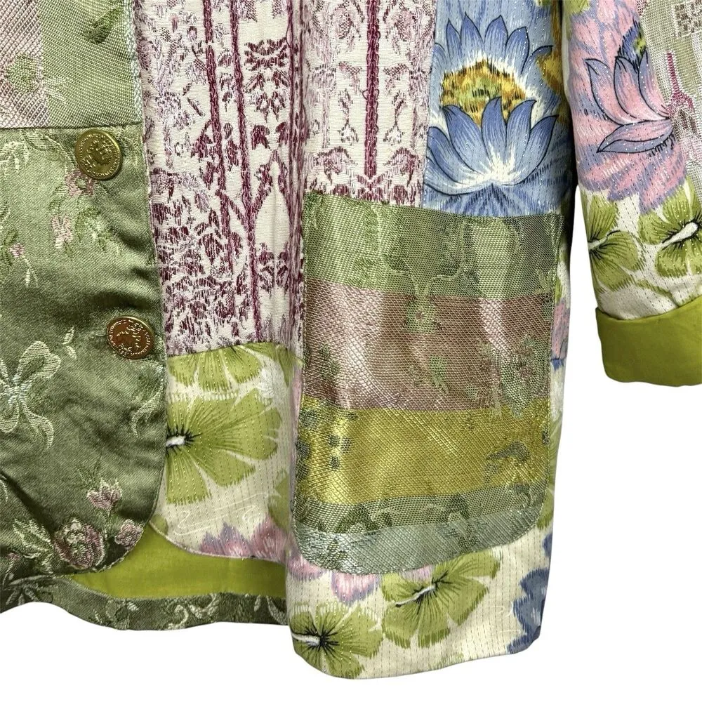Amanda Smith Patchwork Satin Blazer Jacket Size M Green Crest Boho Lagenlook Y2K - Image 4