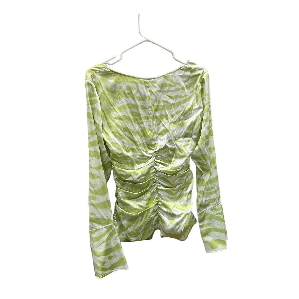 Ganni Ruched Organic Silk-Blend Top Green Zebra Print Size 36 - Image 4