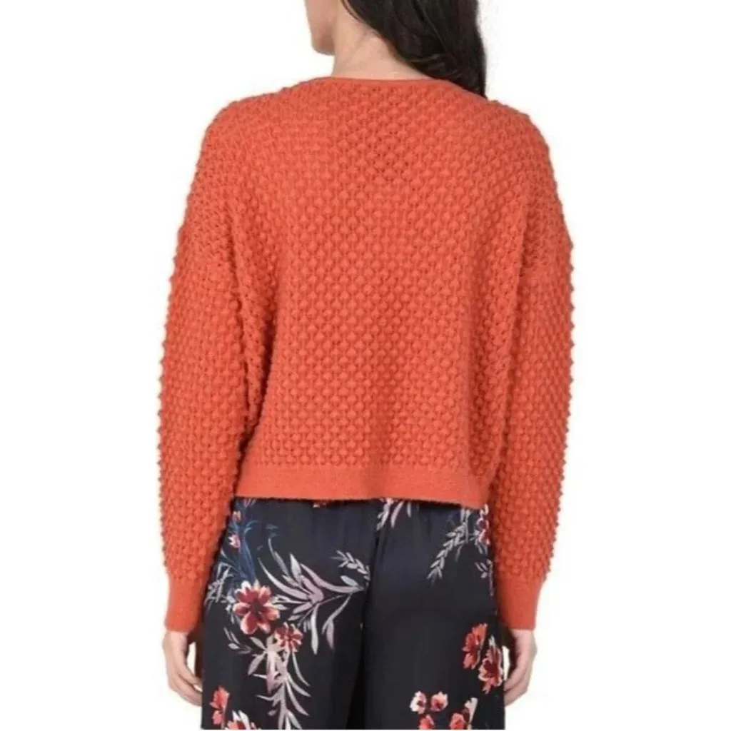 Molly Bracken Popcorn Knit Cinch Crop Sweater Burnt Orange V Neck Medium Stretch - Image 3