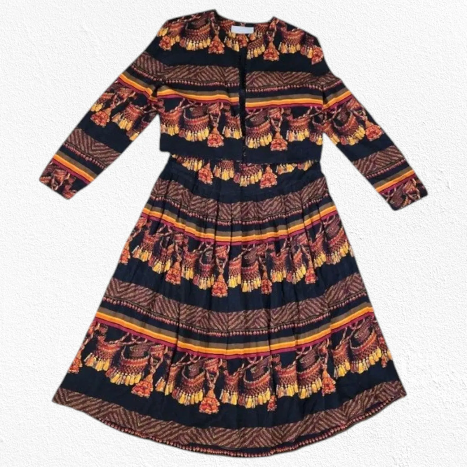 1980s Vintage Orange Black Retro Tapestry Crop Blazer Skirt 2 Piece Set Size 12 - Image 2