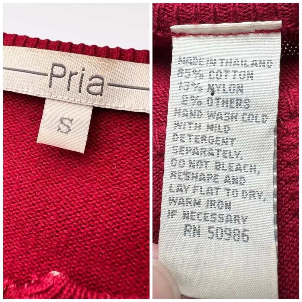 Pria Red Full Zip Cotton Blend Cardigan Sweater Small - Image 3