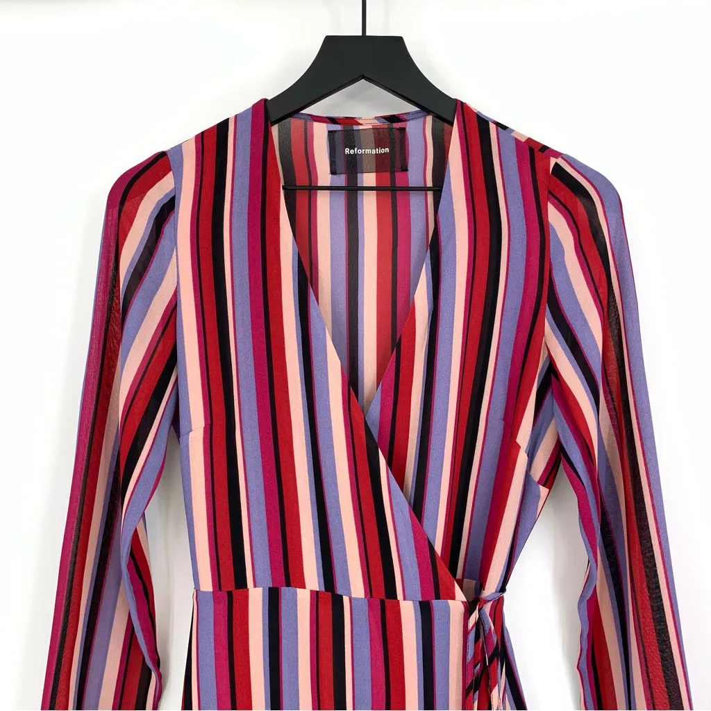 REFORMATION Gjelina Luisa Stripe V-Neck Wrap Mini Dress Pink Purple S - Image 2