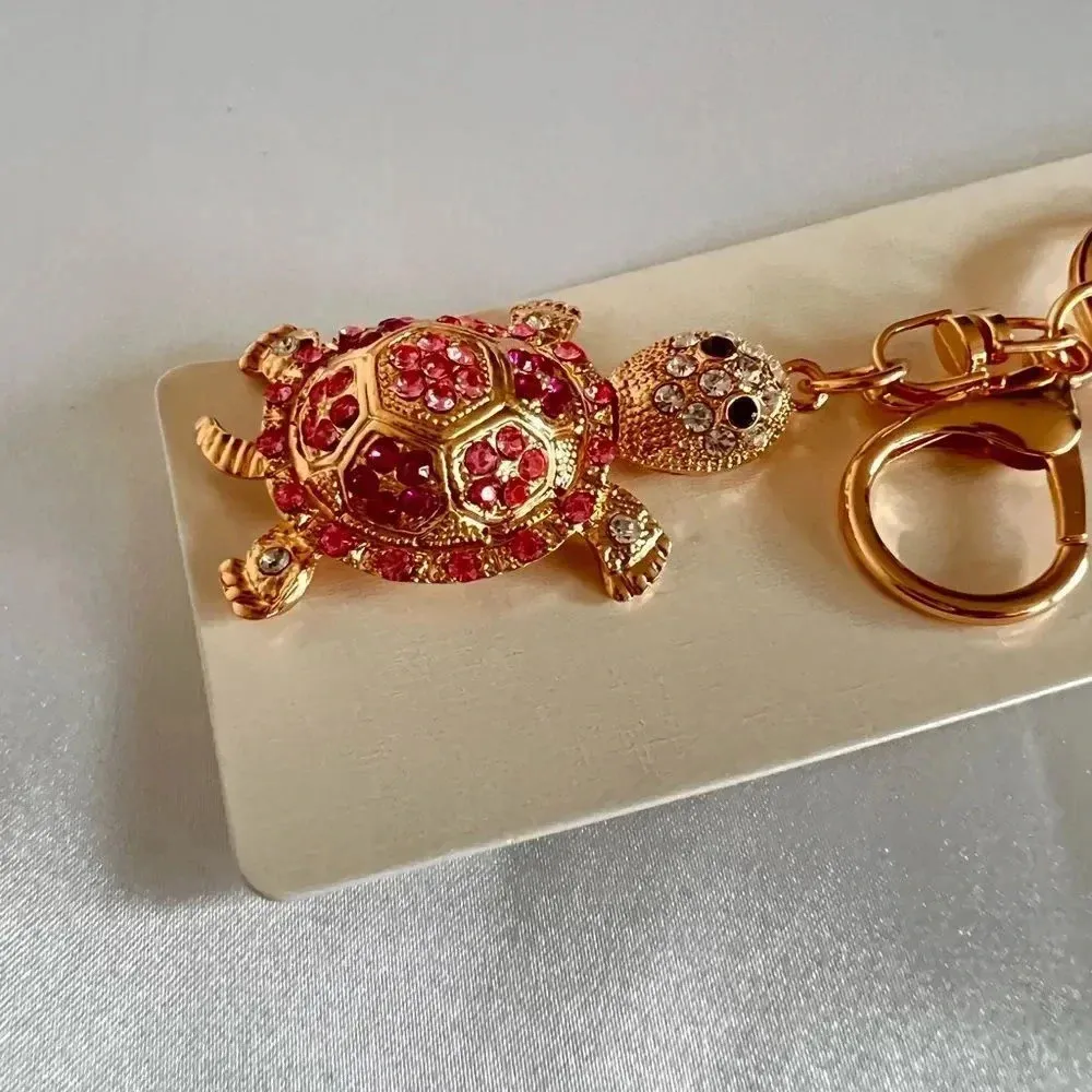 Turtle Bag And Key Chain Charm Pink Crystal Rhinestone Gold Tone Hardware - Image 2
