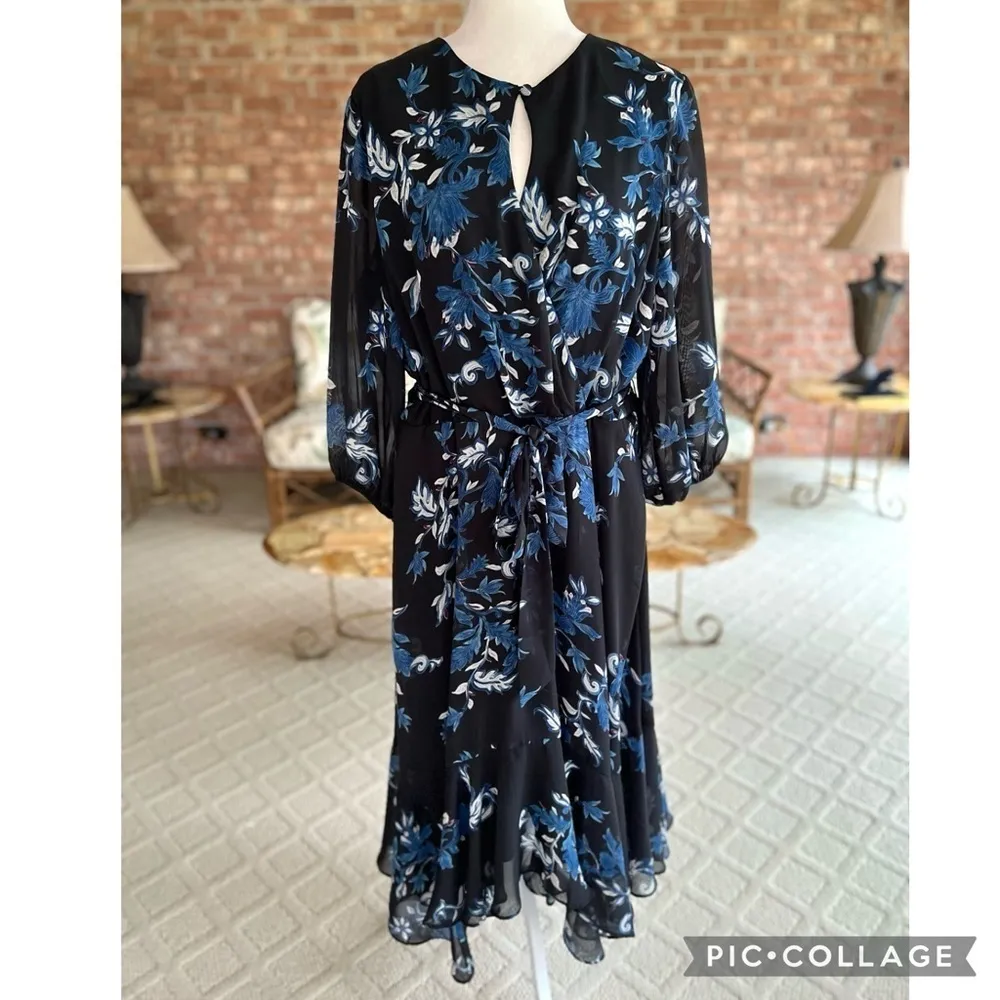 Lane Bryant Dress Midi Floral Asymmetrical Blue Black 14 Cocktail Garden Chic - Image 2