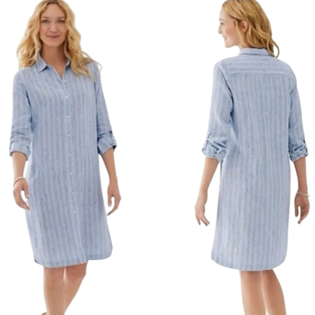 NWT J. Jill Love Linen 100% Linen Striped Roll Tab Sleeve Shirt Dress Petite XS Blue Size undefined - Image 2
