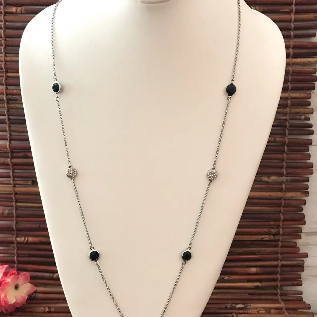 White House Black Market Silver Tone Black Bead & Crystal Necklace - Image 2