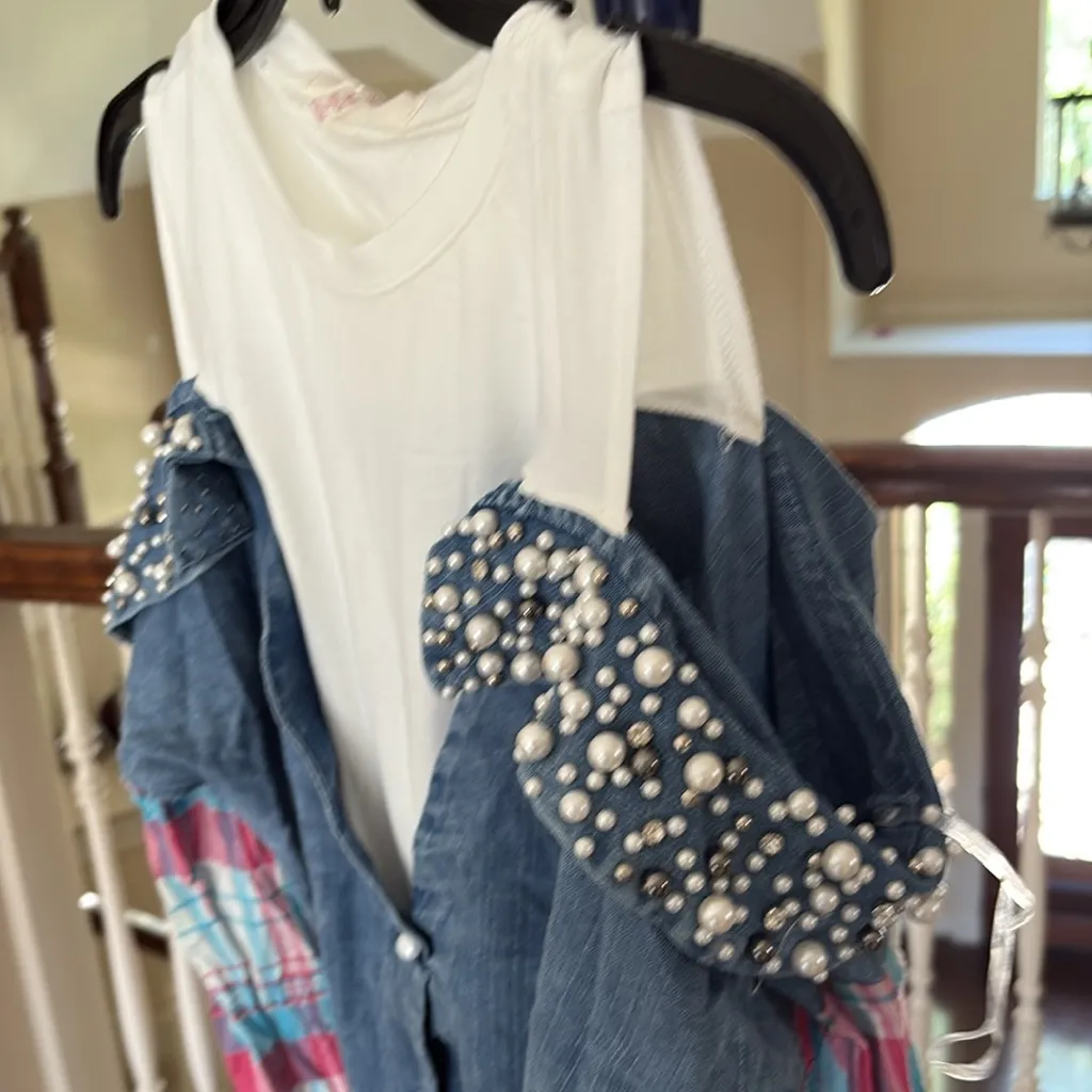 Denim and White Pearl Embellished Top Blue Size M - Image 7