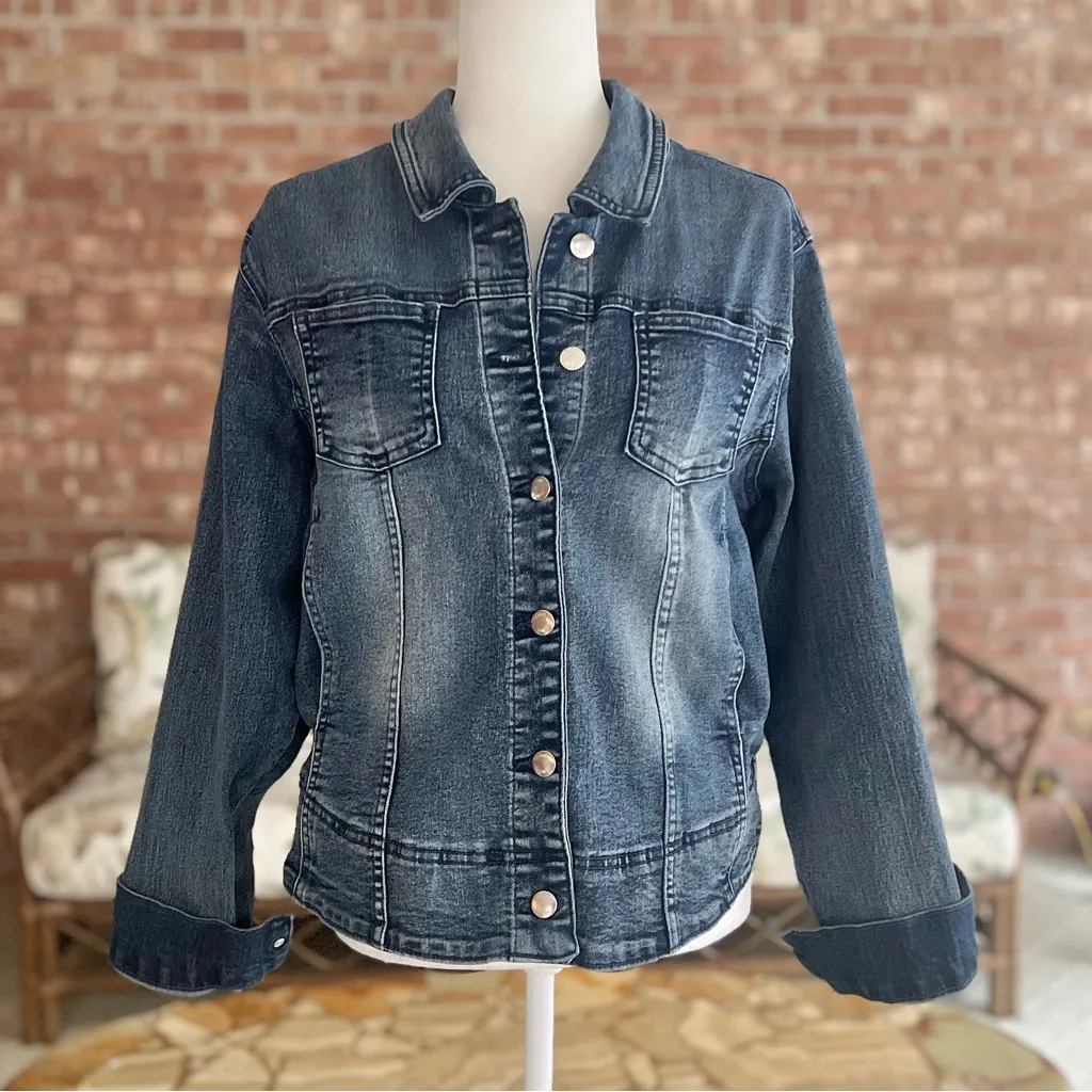 Venus Denim Jacket Medium Wash Large Distressed Trucker Biker Classic - Image 3