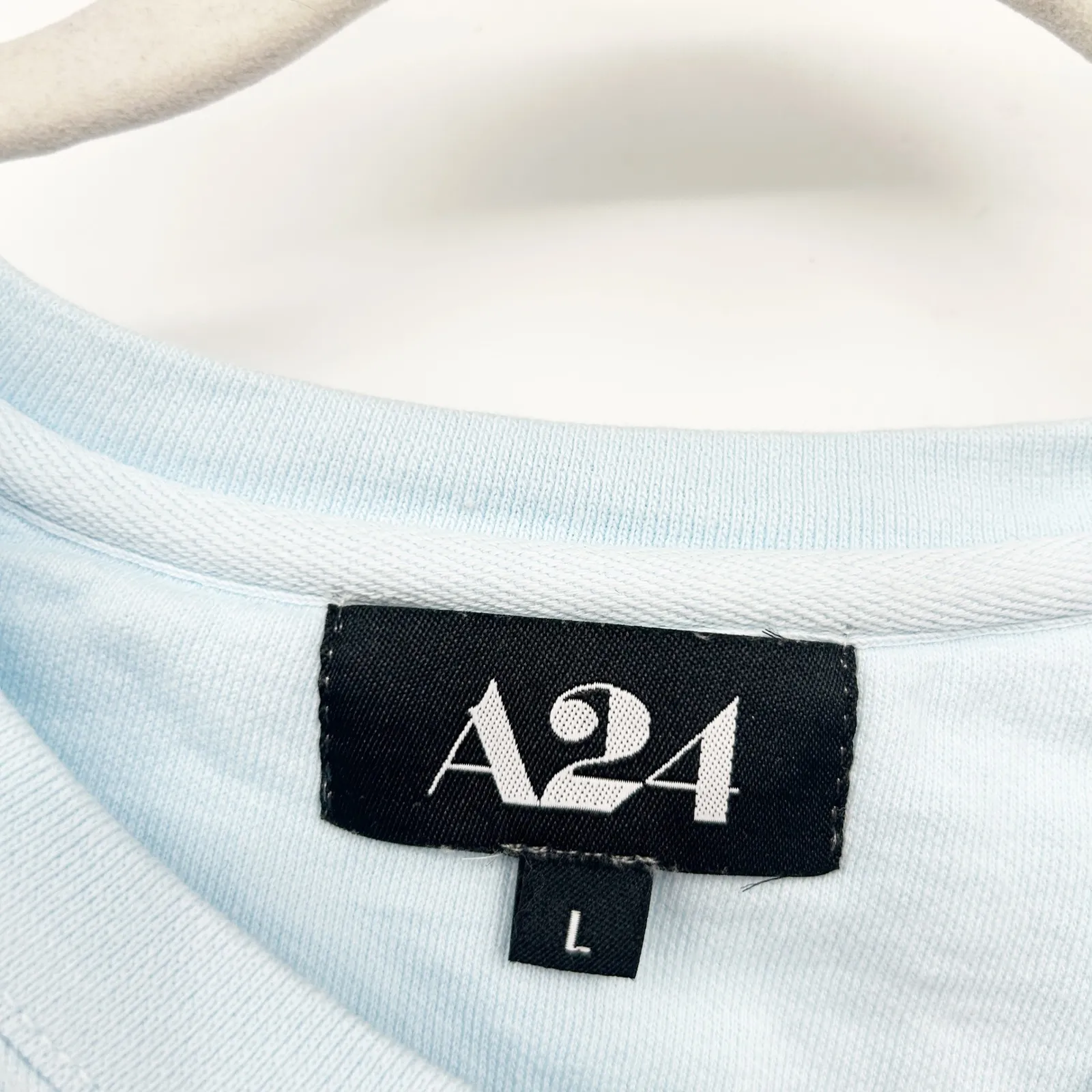 A24 Priscilla Movie Sweatshirt Light Blue Embroidered Script Logo Crewneck Large - Image 3