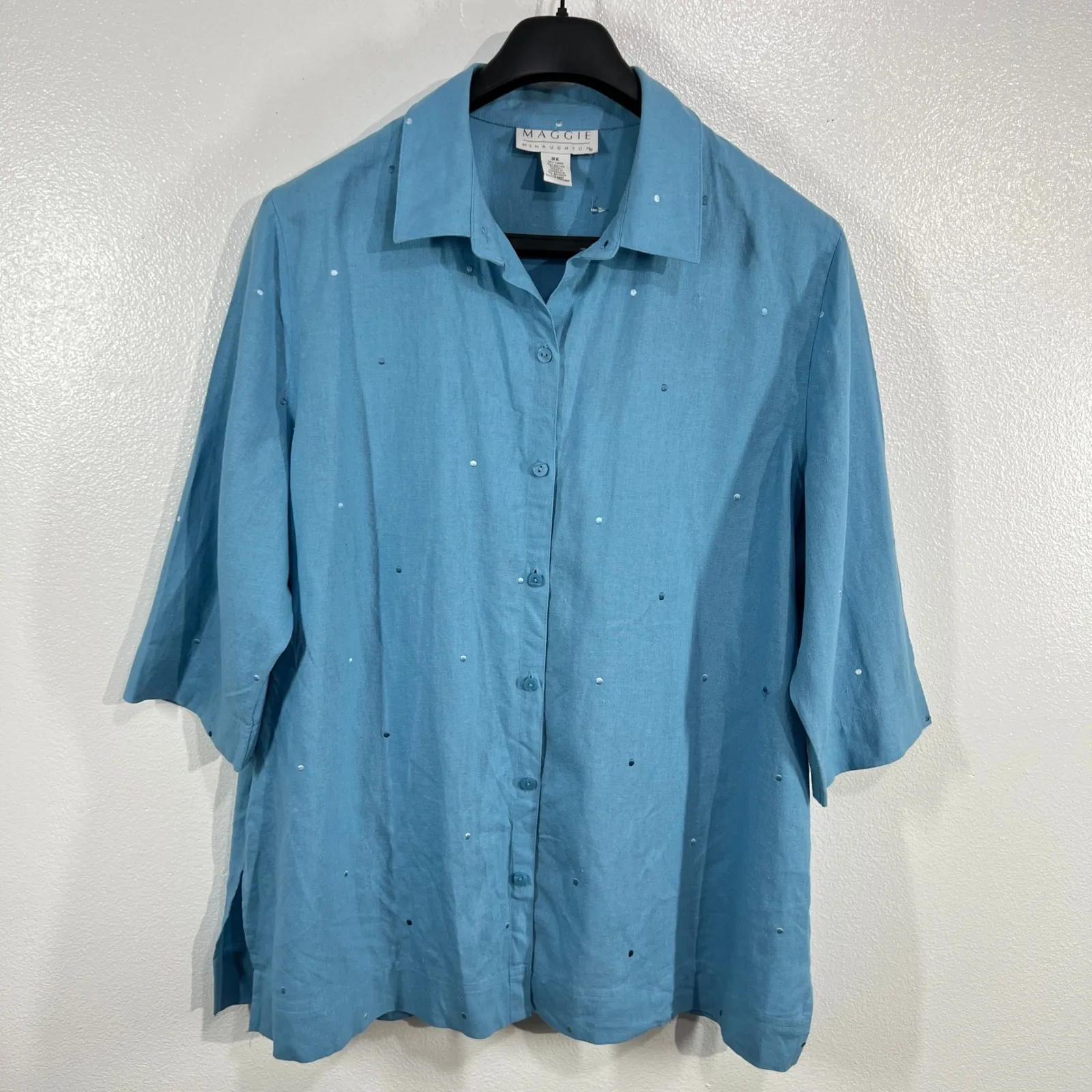 Vtg. Maggie McNaughton Linen Blend Button Down Top Embellished 3/4 Sleeve 2X - Image 2