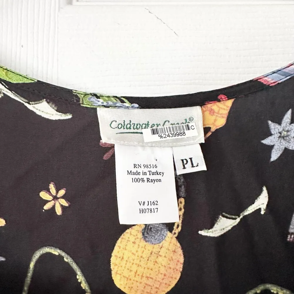 Coldwater Creek Black Square Neck Novelty Shoes Purse 90s Tie Back Midi Dress LP - Image 6