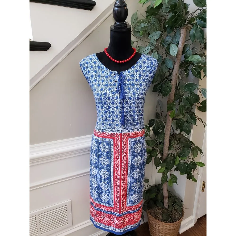 Ruby Rd. Shift Dress Womens 1X Blue Patterned Round Neck Sleeveless Tie Front - Image 2